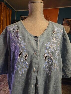 Liz & Me US Women's Plus Size 3X Chambray Jean Embroidered Floral Top Tunic